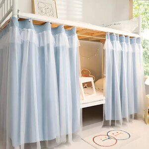 2pc Blue Dorm Bed Curtain Thick Double-Layer for Privacy & Mosquito Protection